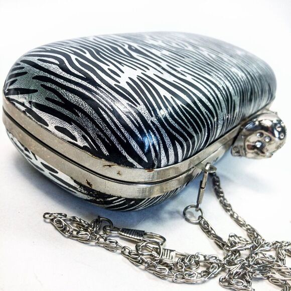 Kate Landry Silver Skull Zebra Hardshell Clutch Evening Bag - Picture 11 of 12